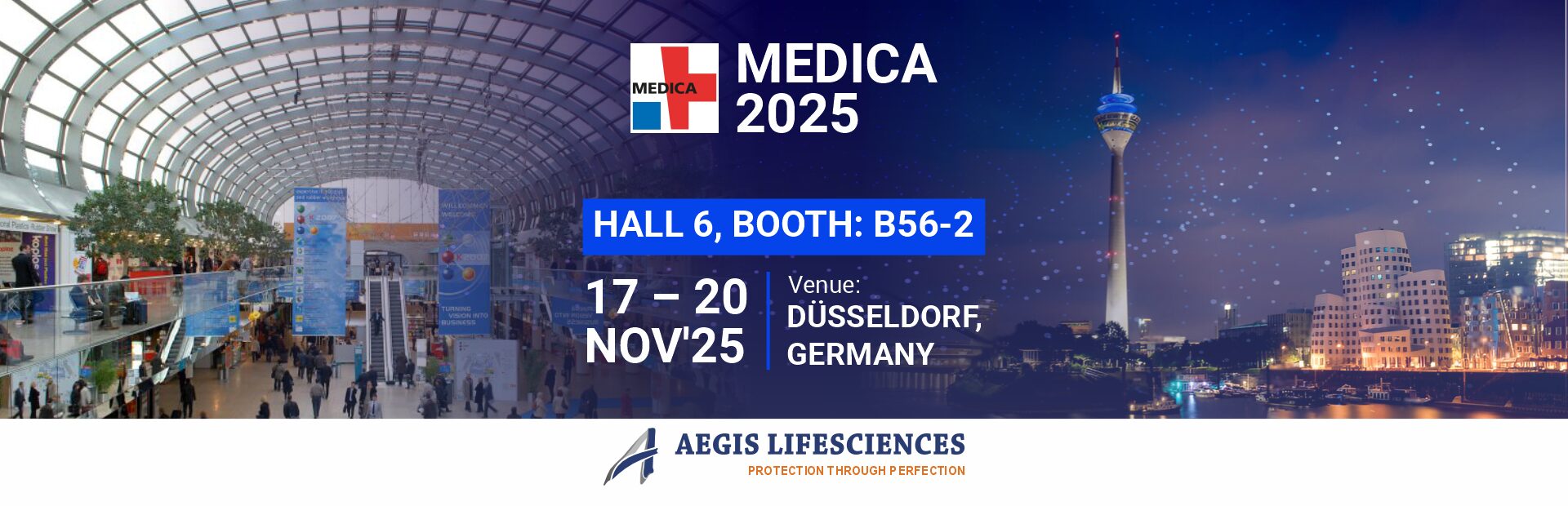 HOME PAGE BANNER – 1920X620 – MEDICA 2025 4 Medica 2025 exhibition banner for Aegis Lifesciences announcing participation at Hall 6, Booth B56-2 in Düsseldorf, Germany, from November 17 - 20, 2025