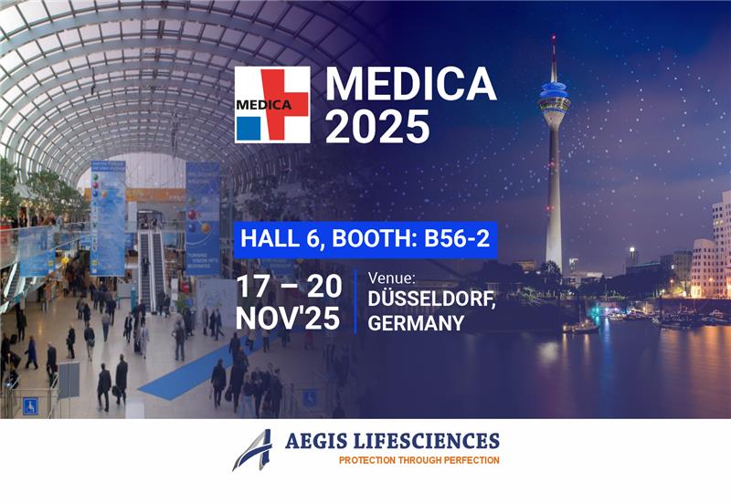 Medica 2025 exhibition banner for Aegis Lifesciences announcing participation at Hall 6, Booth B56-2 in Düsseldorf, Germany, from November 17–20, 2025.