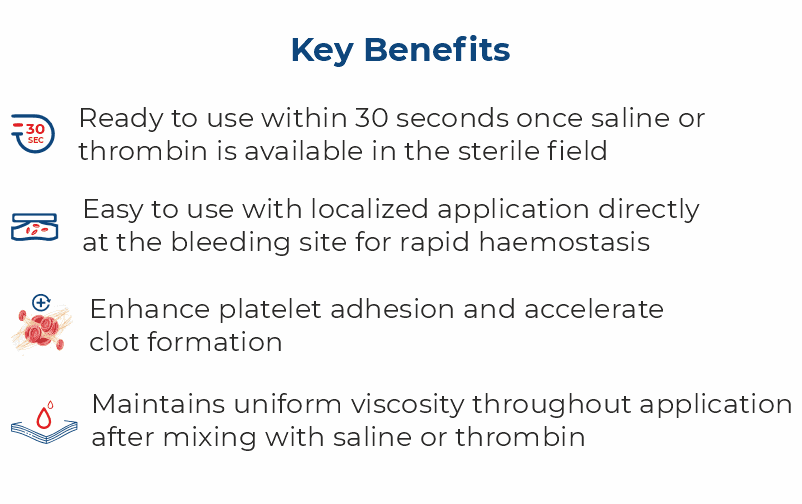 Flowable haemostatic agent benefits including quick preparation, localized application, enhanced platelet adhesion and uniform viscosity during surgery